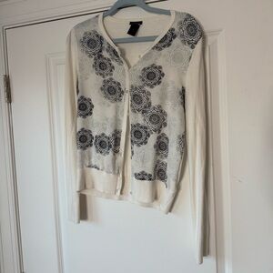 Ann Taylor Elegant Creamy White With Navy and Light Blue Cardigan Sweater, Small